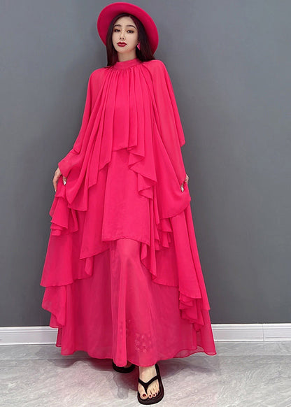 Red Stand Collar Asymmetrical Design Exra Large Hem Chiffon Beach Dress Short Sleeve