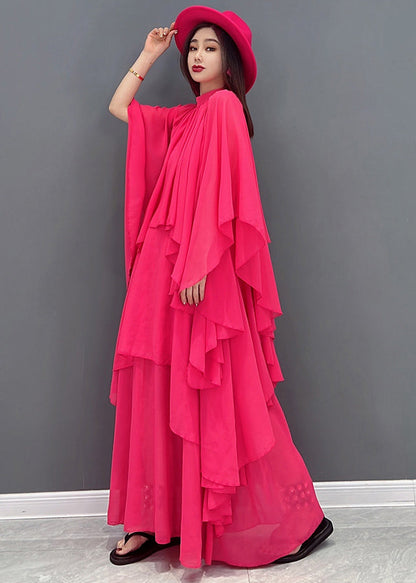 Red Stand Collar Asymmetrical Design Exra Large Hem Chiffon Beach Dress Short Sleeve