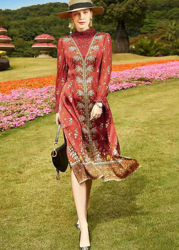 Red Stand Collar Hollow Out Print Patchwork Silk Dresses Fall