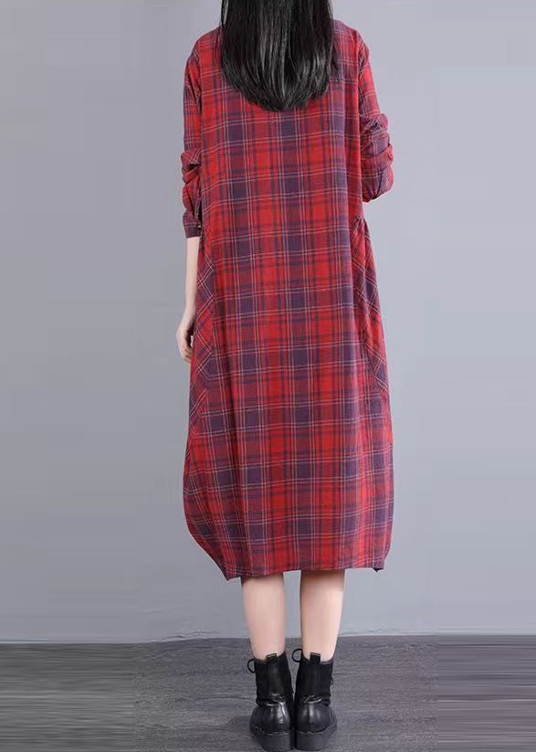 Red Stand Collar Plaid Cotton Shirts Dresses Fall