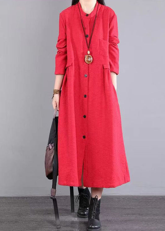 Red Stand Collar Pockets Patchwork Cotton Long Dresses Fall
