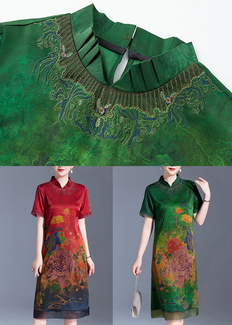 Red Stand Collar Print Silk Dress Short Sleeve