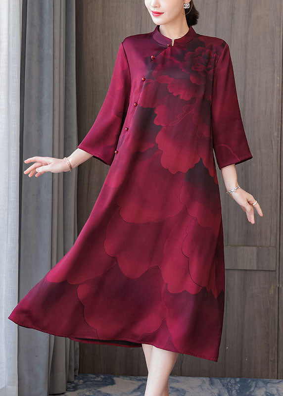 Red Stand Collar Print Silk Robe Dresses Bracelet Sleeve
