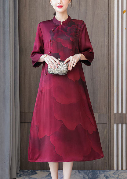 Red Stand Collar Print Silk Robe Dresses Bracelet Sleeve