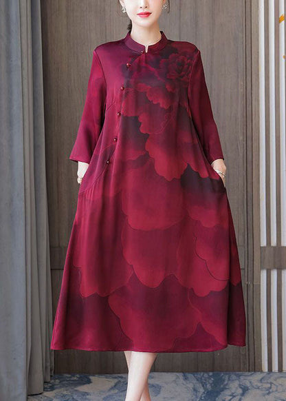 Red Stand Collar Print Silk Robe Dresses Bracelet Sleeve
