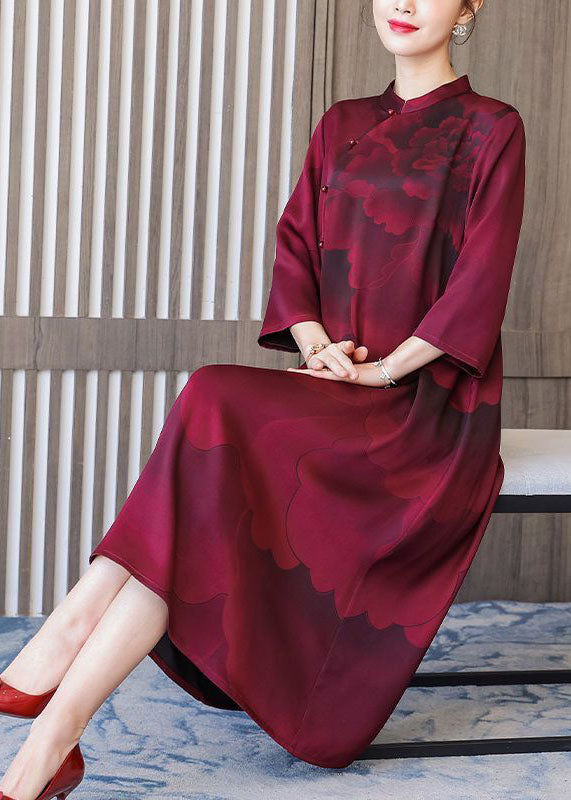 Red Stand Collar Print Silk Robe Dresses Bracelet Sleeve