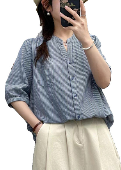Red Stand Collar Striped Cotton Shirt Half Sleeve