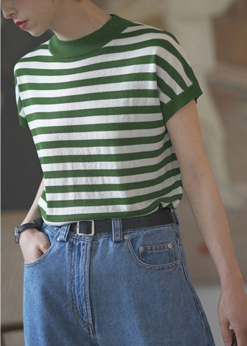 Red Stand Collar Striped Cotton Tanks Summer