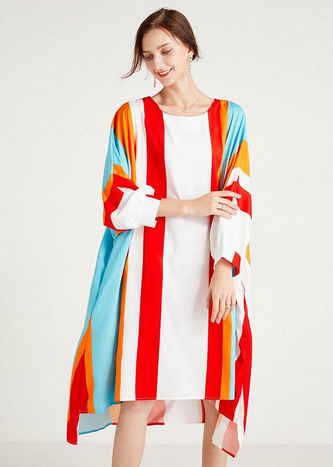 Red Striped O-neck Asymmetrical Design Summer Long Dress Sleeve