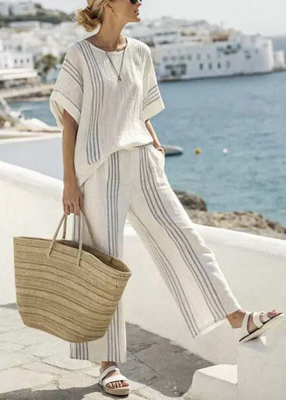 Red Striped Patchwork T Shirts and Wide Leg Pants Two Pieces Set Half Sleeve