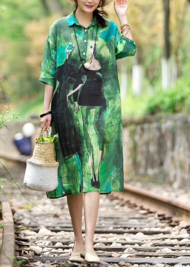 Red Summer Organic Linen Robes Korea Printed Dress