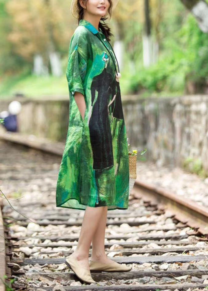 Red Summer Organic Linen Robes Korea Printed Dress