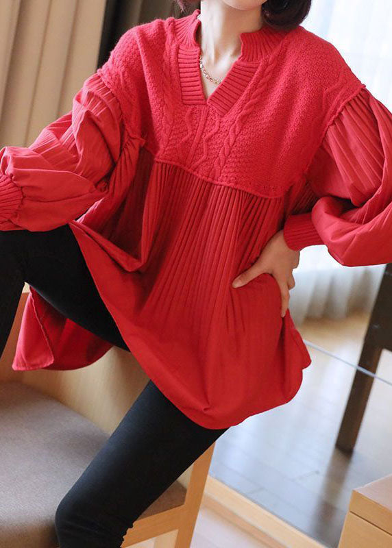 Red V Neck Patchwork Knit Tops Spring