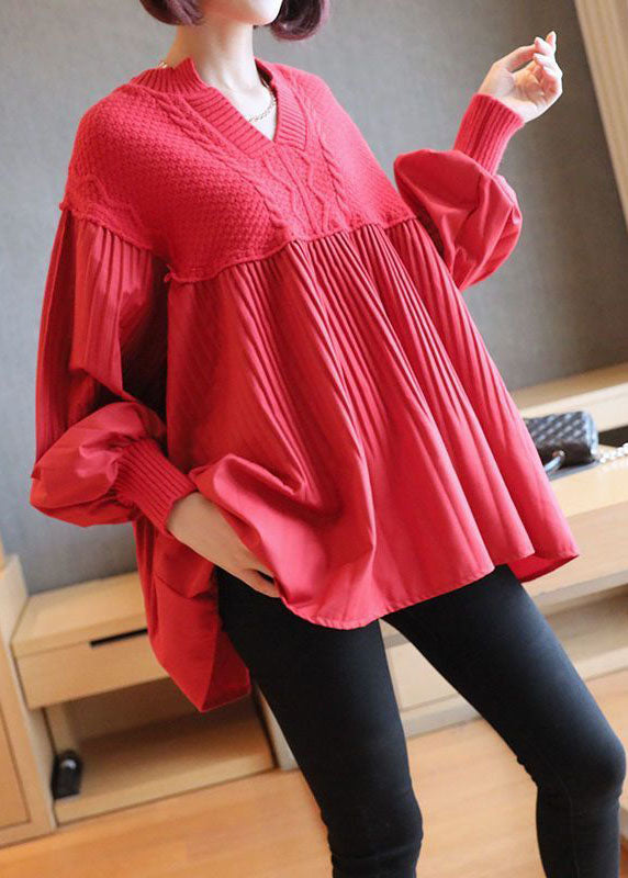 Red V Neck Patchwork Knit Tops Spring