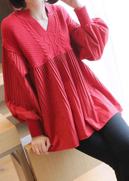 Women Red V Neck Patchwork Knit Tops Spring
