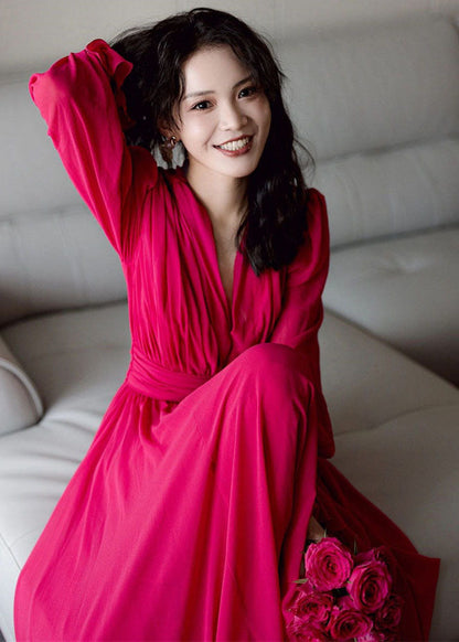 Red V Neck Patchwork Slim Silk Maxi Dresses Fall