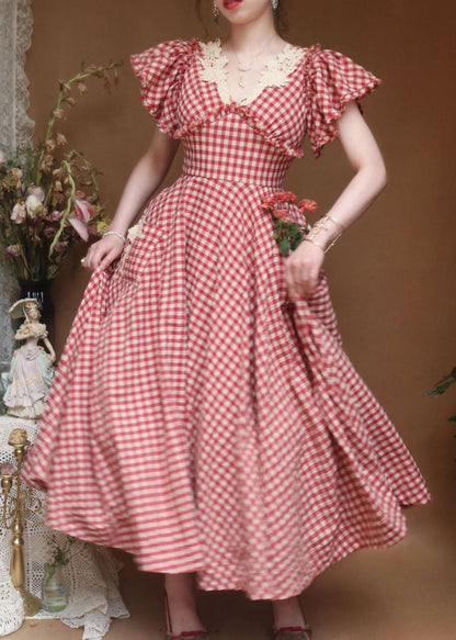 Red V Neck Plaid Ruffled Cotton Dress Butterfly Sleeve