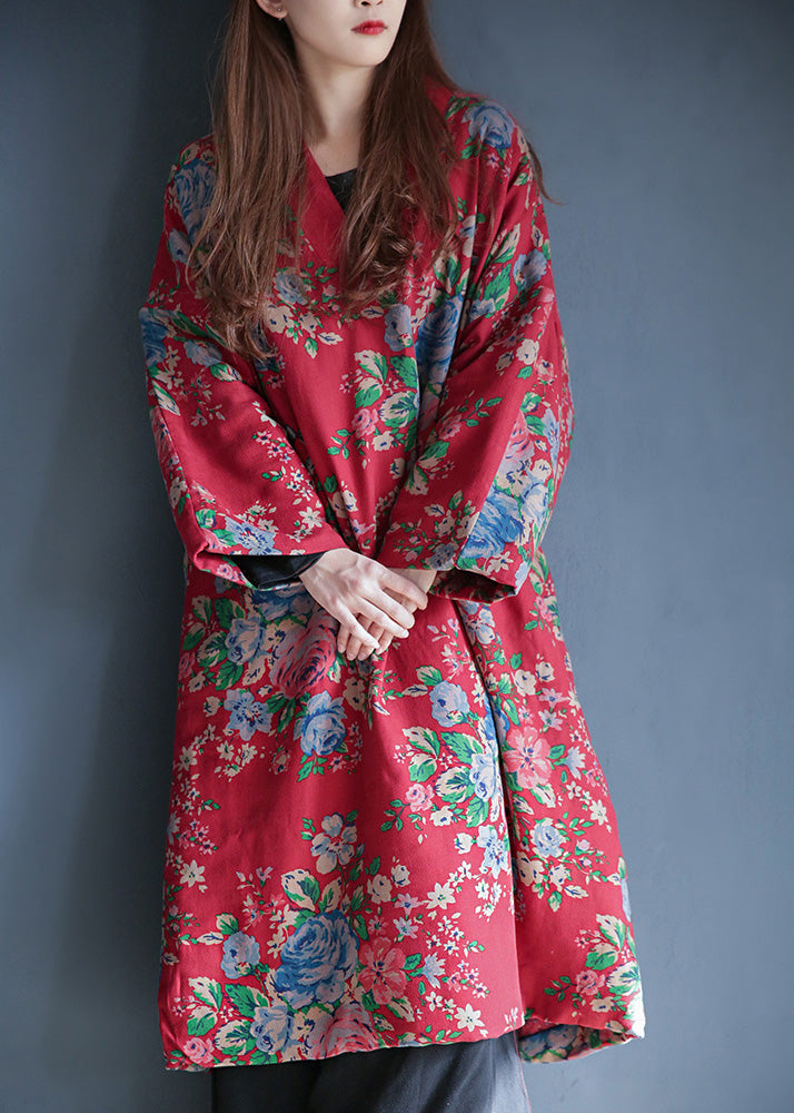 Red V Neck Print Warm Fleece Long Cotton Parka Winter
