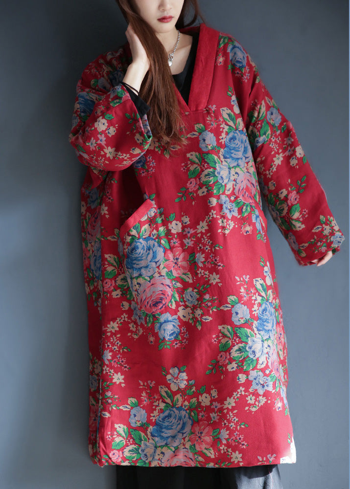 Red V Neck Print Warm Fleece Long Cotton Parka Winter