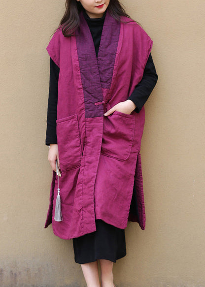 Red V Neck Warm Fleece Side Open Button Waistcoat Winter