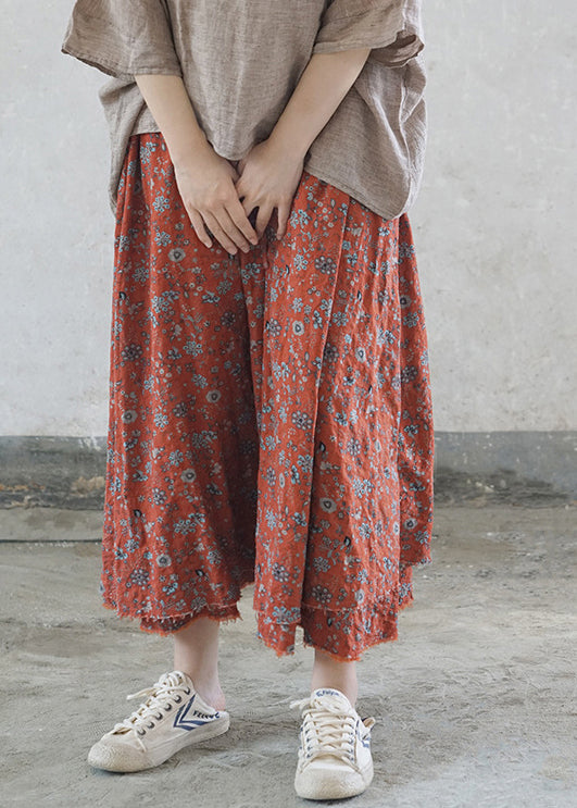 Yellow Flowers Elastic Waist Tie Waist Print Cotton Skirts Spring