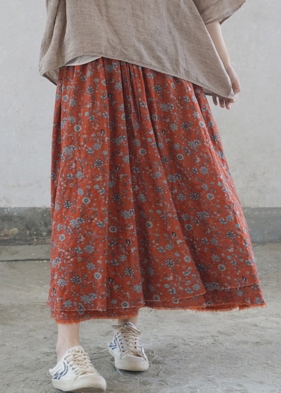Yellow Flowers Elastic Waist Tie Waist Print Cotton Skirts Spring