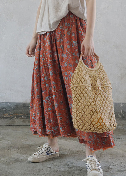 Yellow Flowers Elastic Waist Tie Waist Print Cotton Skirts Spring