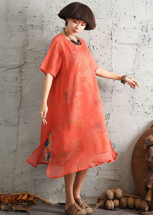 Red Side Open Print Dress Short Sleeve