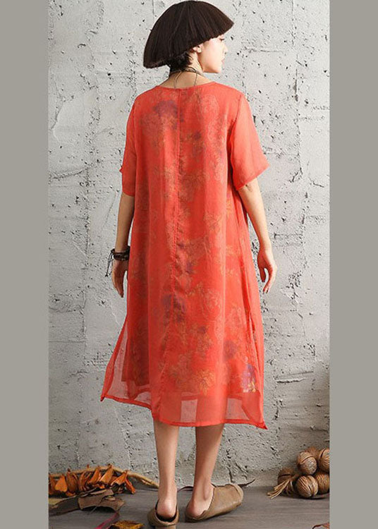 Red Side Open Print Dress Short Sleeve