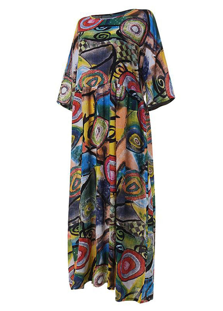 Retro Graffiti Print Round Neck Pleated Maxi Dresses