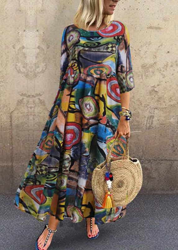 Retro O-neck Print Sleeveless Maxi Dress Red