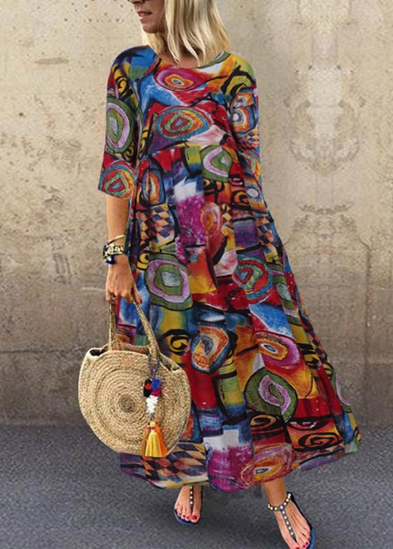 Retro O-neck Print Sleeveless Maxi Dress Red