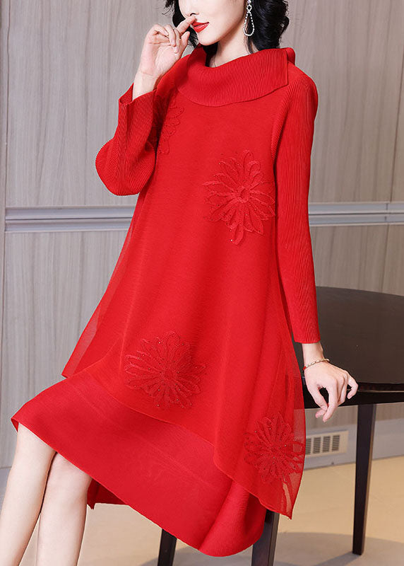 Rose Asymmetrical Patchwork Nail Bead Tulle Vacation Long Dresses Long Sleeve