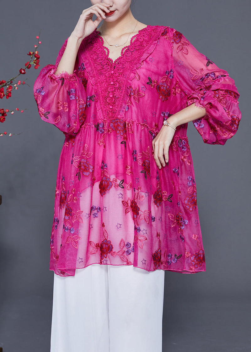 Rose Embroideried Patchwork Lace Tops Lantern Sleeve