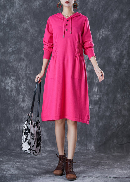 Rose Hooded Elastic Waist Knit Dresses Fall