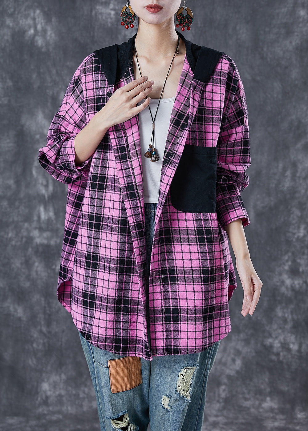 Rose Hooded Patchwork Plaid Cotton Coat Fall