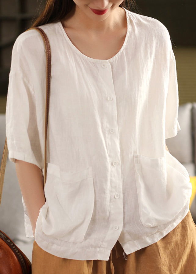 Yellow O Neck Button Pockets Linen Shirt Tops Summer