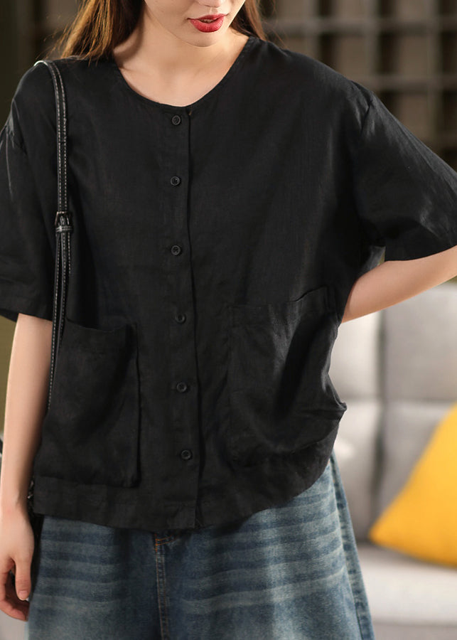 Yellow O Neck Button Pockets Linen Shirt Tops Summer