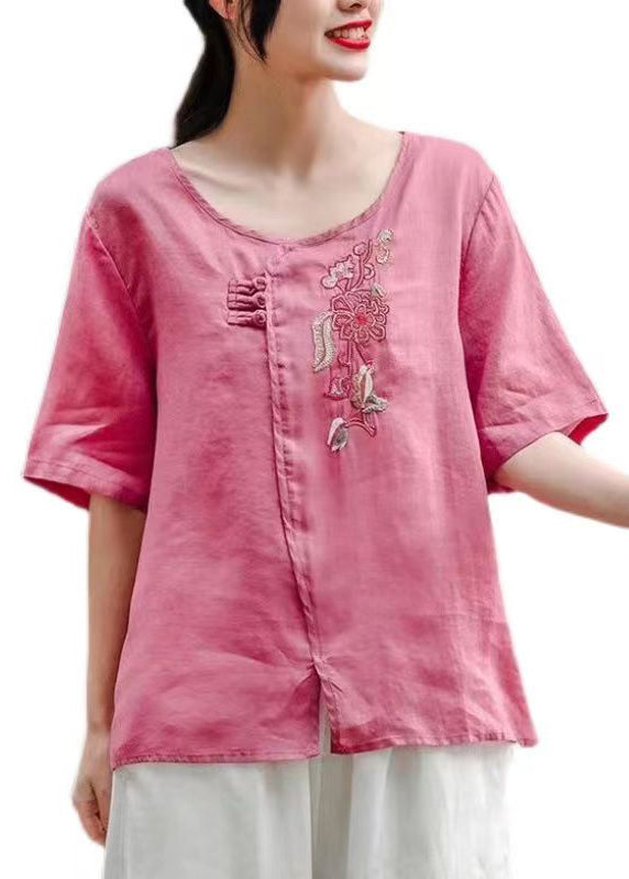 Rose O-neck Side Open Patchwork Cotton T Shirt Summer