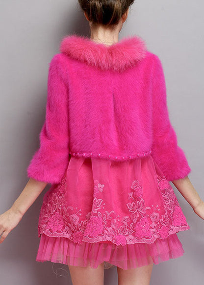 Rose O-neck Tulle Patchwork Winter Long Sweaters Dress
