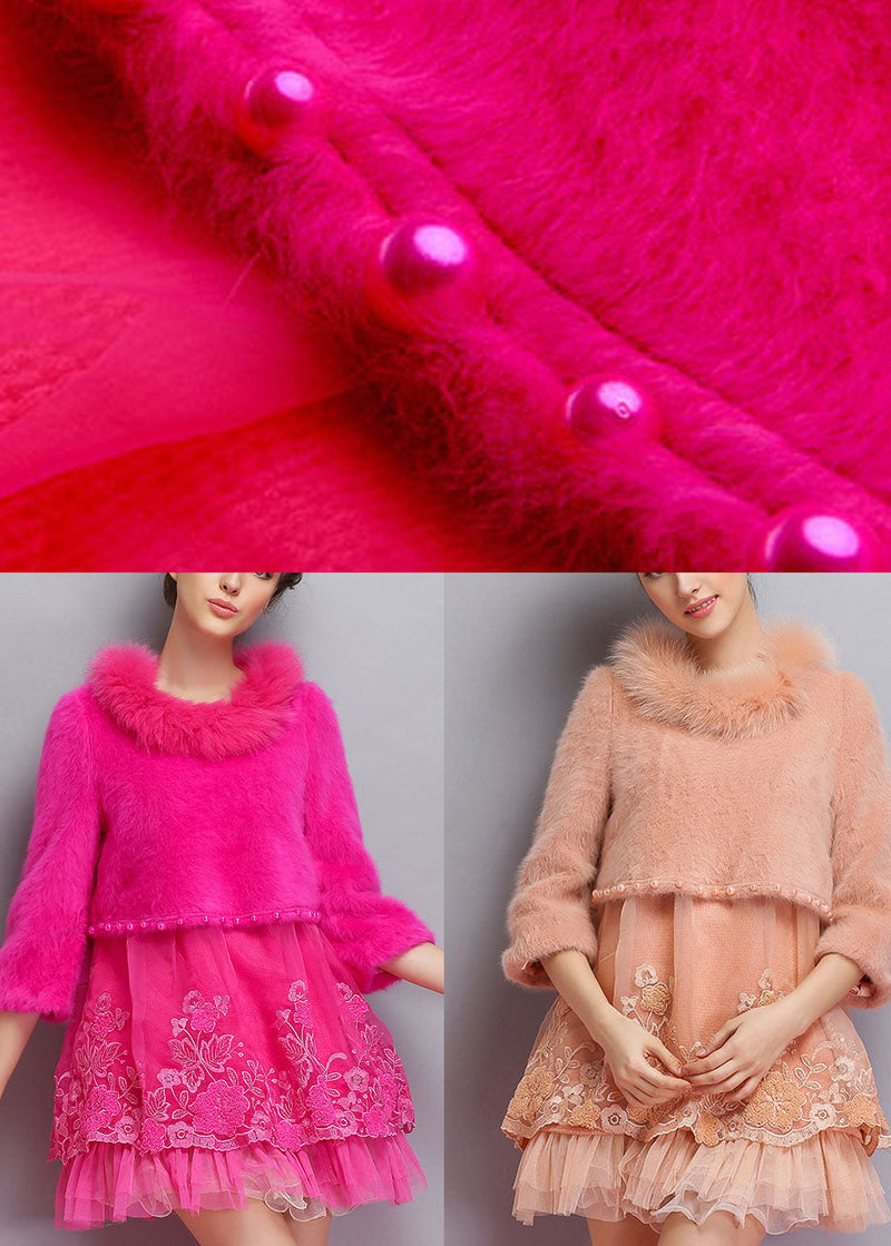 Rose O-neck Tulle Patchwork Winter Long Sweaters Dress