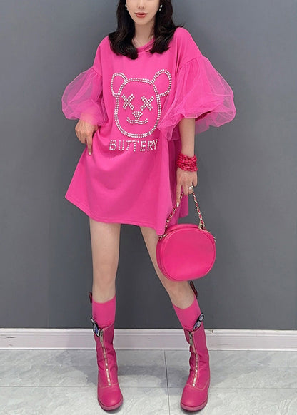 Rose O Neck Zircon Tulle Patchwork Cotton Mid Dress Summer
