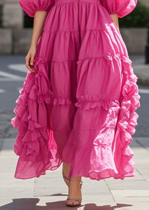 Rose Ruffled Exra Large Hem Cotton Dress Puff Sleeve