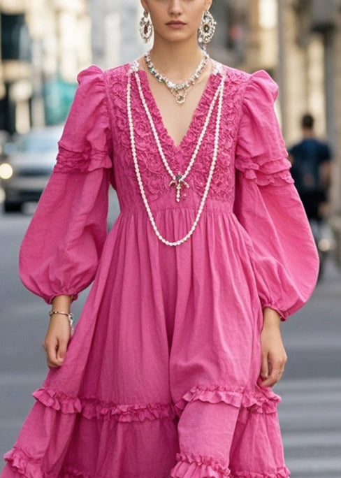Rose Ruffled Exra Large Hem Cotton Vacation Dresses Spring