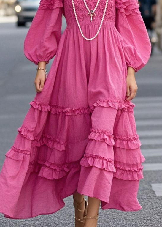 Rose Ruffled Exra Large Hem Cotton Vacation Dresses Spring