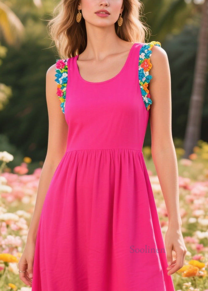 Rose U Neck Patchwork Cotton Long Dress Sleeveless