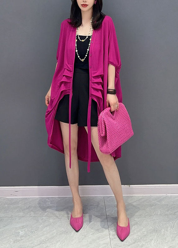 Rose V Neck Button Wrinkled Patchwork Cotton Cardigan Summer