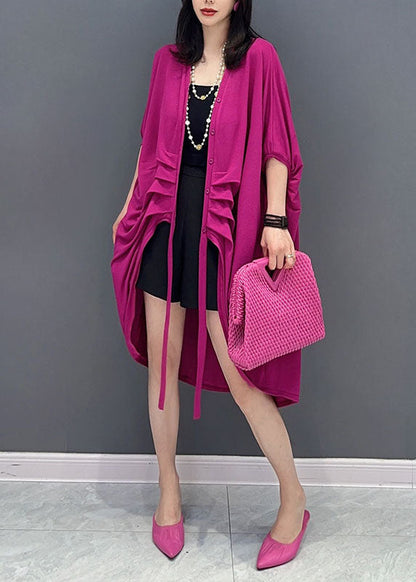 Rose V Neck Button Wrinkled Patchwork Cotton Cardigan Summer