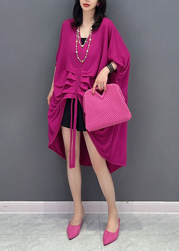 Rose V Neck Button Wrinkled Patchwork Cotton Cardigan Summer