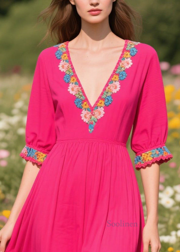 Rose V Neck Patchwork Cotton Ankle Dress Summer